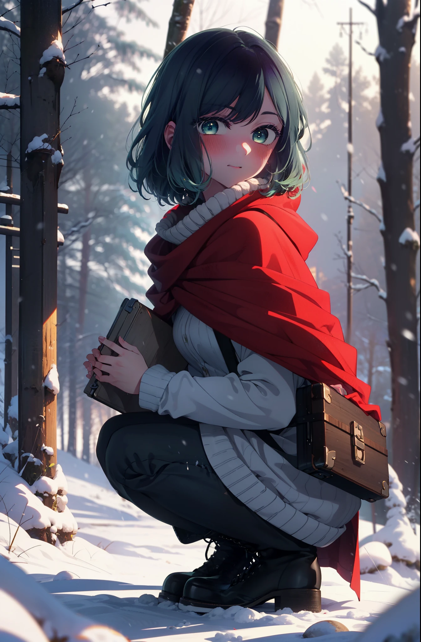 akanekurokawa, akane kurokawa, bangs, (Green Eyes:1.3), Blue Hair, Medium Hair, dark Blue Hair,smile,blush,White Breath,
Open your mouth,snow,Ground bonfire, Outdoor, boots, snowing, From the side, wood, suitcase, Cape, Blurred, , forest, White handbag, nature, Squat, Mouth closed, Cape, winter, Written boundary depth, Black shoes, red Cape break looking at viewer, Upper Body, whole body, break Outdoor, forest, nature, break (masterpiece:1.2), highest quality, High resolution, unity 8k wallpaper, (shape:0.8), (Beautiful and beautiful eyes:1.6), Highly detailed face, Perfect lighting, Extremely detailed CG, (Perfect hands, Perfect Anatomy),