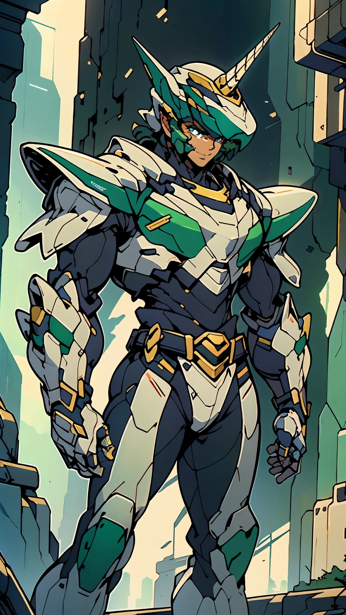 A man wearing a full-face helmet, a fantasy-style biotech armored combat suit, green eyes, (a composite layered chest armor), fully enclosed shoulder guards, matching arm and leg guards, the belt is adorned with Horseshoe-shaped marker, (the color scheme is primarily white with green accents), the design balances heavy with agility, a high-tech bio-mecha armor, (Armor Concept Inspired by Unicorn, stand on the top of a skyscraper in a futuristic sci-fi city), this character embodies a finely crafted fantasy-surreal style armored hero in anime style, exquisite and mature manga art style, (battle damage, element, plasma, energy, the armor glows), ((male:1.5)), metallic, real texture material, dramatic, high definition, best quality, highres, ultra-detailed, ultra-fine painting, extremely delicate, professional, perfect body proportions, golden ratio, anatomically correct, symmetrical face, extremely detailed eyes and face, high quality eyes, creativity, RAW photo, UHD, 32k, Natural light, cinematic lighting, masterpiece-anatomy-perfect, masterpiece:1.5