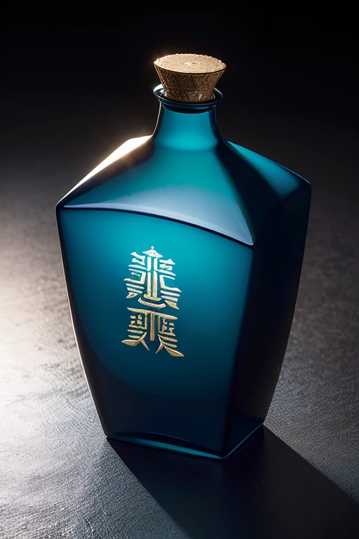 "Generate a 3D rendered image of a high-quality, intricate, and elegant Chinese liquor bottle for 'Xingde Baijiu'. The bottle should have a total height exceeding 25 centimeters with a shorter neck. Both the body and the cap of the bottle are made of opaque ceramic material, emphasizing its traditional Chinese craftsmanship and cultural heritage. The bottle should feature a three-dimensional, substantial silhouette with a surface adorned with elegant undulating wave patterns. The overall design should exude balance and refinement, evoking the image of a noble and refined gentleman. The bottle cap should be a square, ornate ceramic piece, adorned with elaborate patterns to impart a sense of grandeur and volume. The color scheme should be subdued and elegant, with deep blue accents for the wave patterns. The surface of the bottle should be decorated with vertically undulating wave motifs, utilizing relief and carving techniques to enhance texture and detail. The packaging design draws inspiration from bamboo scrolls, complementing the bottle design. Elements such as bamboo nodes, shadows, scrolls, and hexagrams in the 'Xingde' packaging design embody the philosophy of 'Drink Xingde, appreciate the wisdom of I Ching, and cultivate a gentleman’s demeanor'. The rendering should capture every detail of the bottle, exemplifying the pursuit of perfection."