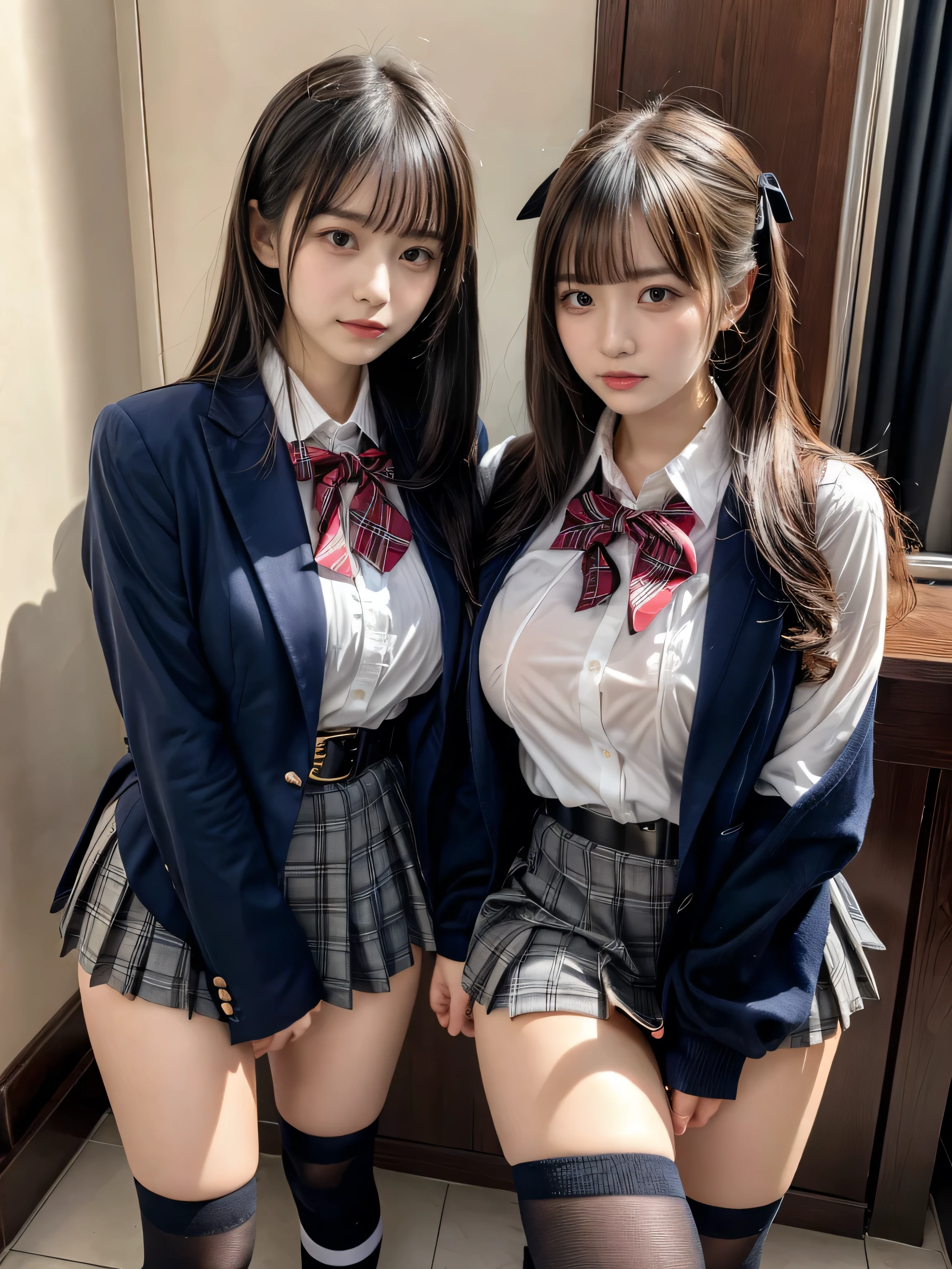 (8K, Raw photography, top-quality, masterpiece:1.2), muster piece, best quality, illustration, Super detailed, fine details, High resolution, 8K,wall paper, perfect dynamic composition,(Details High quality, realistic depiction of eyes:1.3), ((2 girls, 2 schoolgirls)), The background is a luxury hotel room、High school girl uniform、blazer 、Super Short Check Uniform Skirt、Navy blue high socks、garterbelts、Colossal tits、Disturbed uniform, Play with each other,Touching each other's bodies,Touching the body of the girl next door, short bob hair, black hair color, huge breasts, Big Natural Color Lip, bold sexy pose, (perfect body shape), crying a little、cold gaze, Harajuku style、Beautiful makeup,glitter makeup,Cutest 18 years old、 beautiful legs, hposing Gravure Idol, Voluptuous thighs