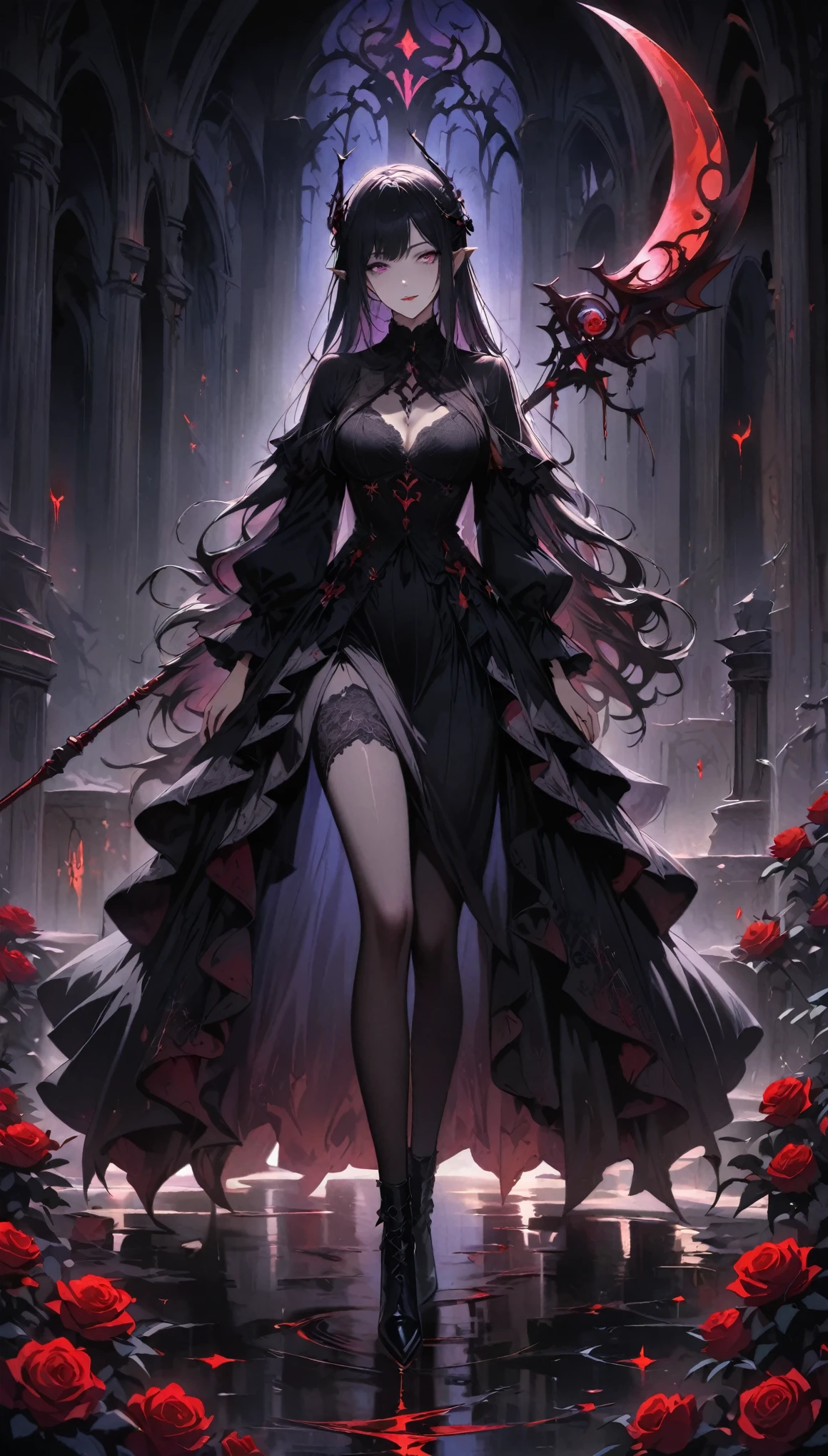 Dark and mysterious,night,Blood Rain,A gothic anime girl,(Scythe of Death),哥特式非同寻常的Artistic masterpiece,Medium shot,Depth of Field,full-body shot,heavily clouded,unforgettably beautiful,Ethereal moonshine,Eerie Shadows,Strong contrast,Creepy,Artistic masterpiece,Detailed texture,dark palette,Disturbing atmosphere,Impressive artistry,Fine details,Gothic architecture,Dramatic Lighting,Os tons vibrantes de vermelho,an ominous,Strange symbols,Surreal elements