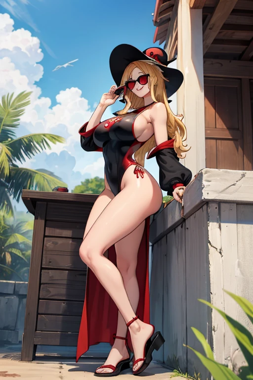 female, white long hair, red eyes, (((1girl))), (((black one piece swimsuit))), (red sarong), (black sun hat), (black sandals), (sunglasses), cute and sexy, full body, huge breasts, huge butt, long legs, smiling