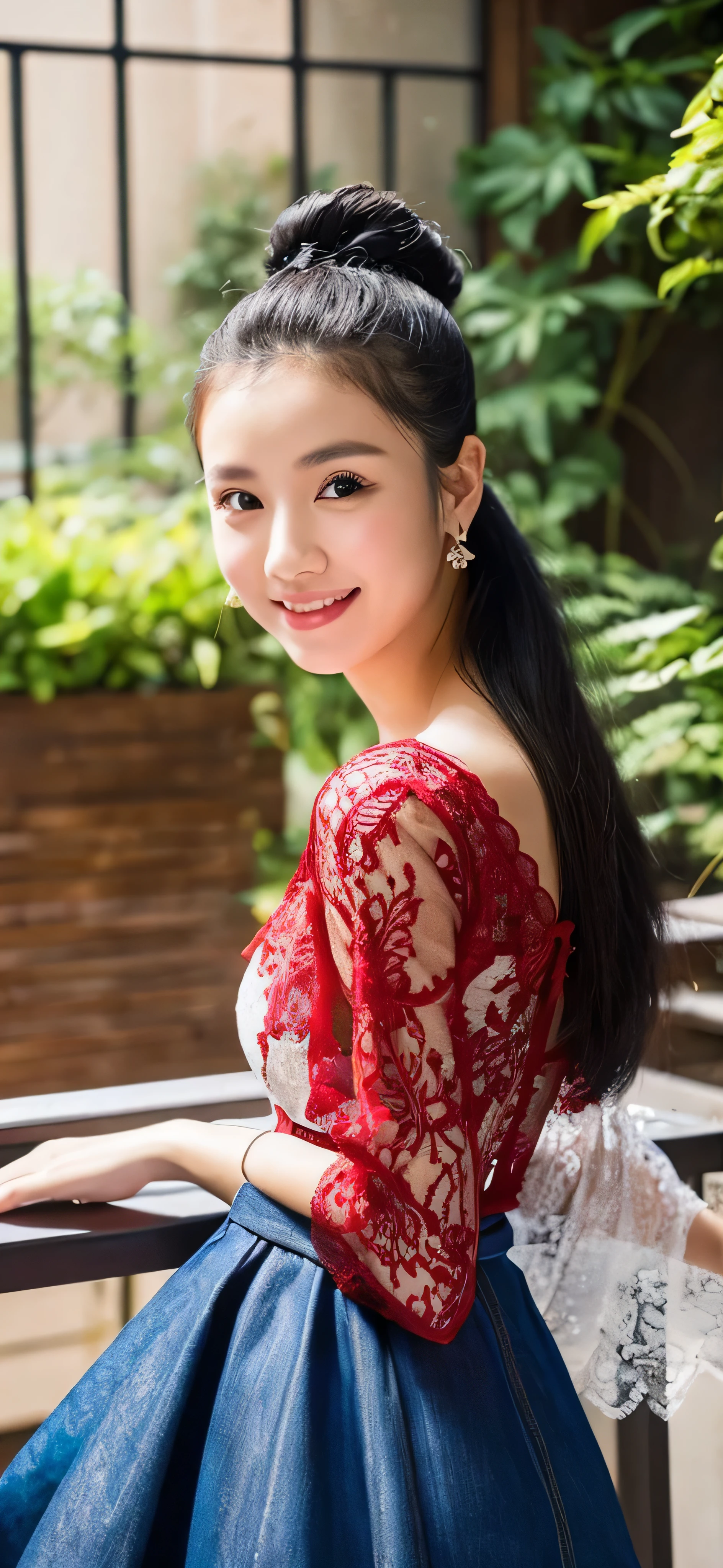 1girl,baiyi,large breast,Blue lips,smile,ponytail,realistic, 1 girl, indonesian girl, 23 years old, (black hair super-long 1 meters), (very beautiful face, very sweet, sharp eyes like an angel from heaven ), (beautiful hair), actress, smile, shiny skin, best quality, masterpiece, (photorealistic:1.4), terrace seating, asian, indonesian, jakarta, denim long skirt (realistic fabric), white short sleeves (cotton fabric), (no logo), thin fingers, a woman in a red dress posing for a picture in a courtyard, a picture by Emma Andijewska, tumblr, tachisme, sexy gown, opened dress, wearing an elegant dress, fantasy long intricate gown, sexy dress, dressed beautiful gown, red gown, wearing a magnificent dress, dressed in red lace, translucent dress, extravagant dress, see through dress