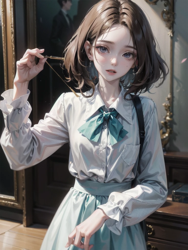 school_uniform, absurdres, RAW photo, extremely delicate and beautiful, masterpiece, Best Quality, ultra high resolution, 32k, hyperrealistic, ultra-detailed, detailed description, pale skin, 20 years old, tearful mole, earring, short medium hair, wavy hair, whole body shot,