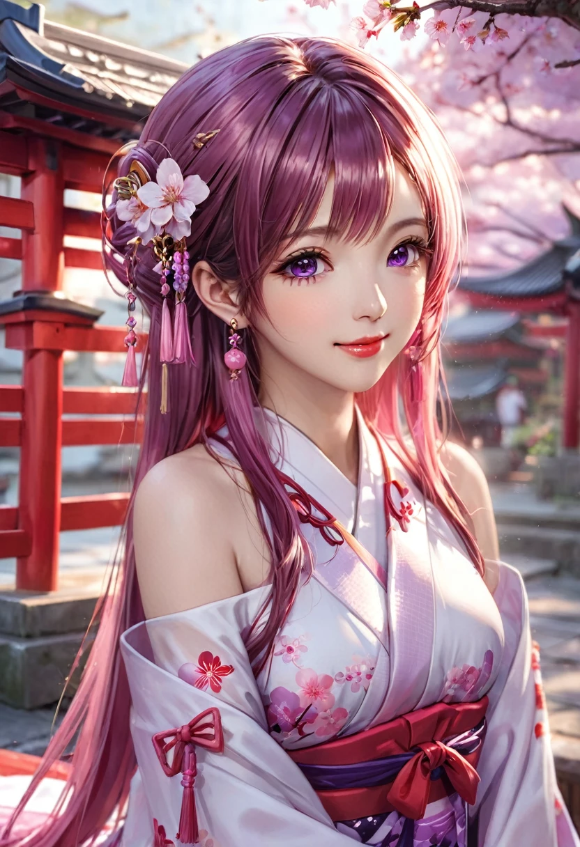 loraggl15, 1 girl, (ulzzang-6500:0.7), Kpop-idea, yae miko, detached sleeves, bare shoulders, pink hair, long hair, japanese clothes, best quality, (painting:1.5), (hair decoration:1. 35), jewellery, purple eyes, earrings, breasts, torii, cherry blossoms, lantern light, depth of field, detailed face, face focus, bow_trim, (viewer view:1.25), non-traditional miko, shiny skin, long sleeves, smile, thick lips, play CG, hands on lips, East Asian architecture, (blurred background:1.2), sitting, upper body,loraggl15