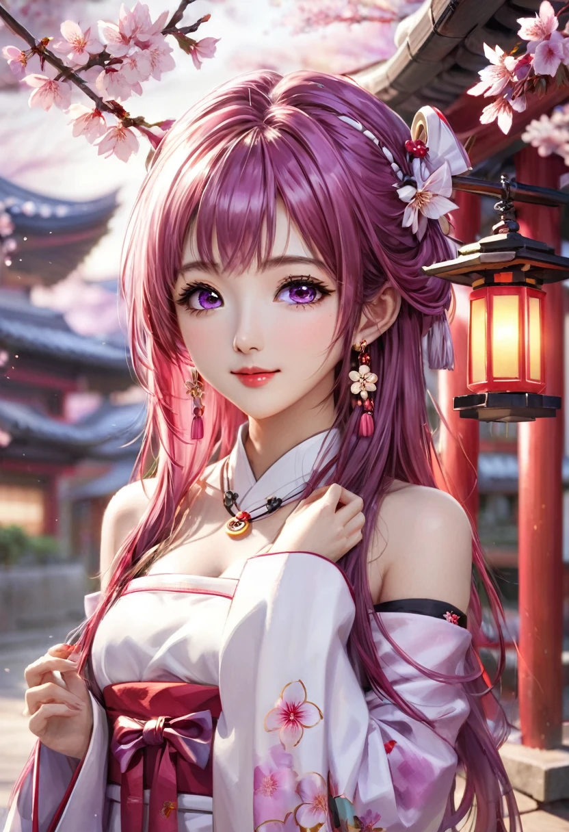 loraggl15, 1 girl, (ulzzang-6500:0.7), Kpop-idea, yae miko, detached sleeves, bare shoulders, pink hair, long hair, japanese clothes, best quality, (painting:1.5), (hair decoration:1. 35), jewellery, purple eyes, earrings, breasts, torii, cherry blossoms, lantern light, depth of field, detailed face, face focus, bow_trim, (viewer view:1.25), non-traditional miko, shiny skin, long sleeves, smile, thick lips, play CG, hands on lips, East Asian architecture, (blurred background:1.2), sitting, upper body,loraggl15