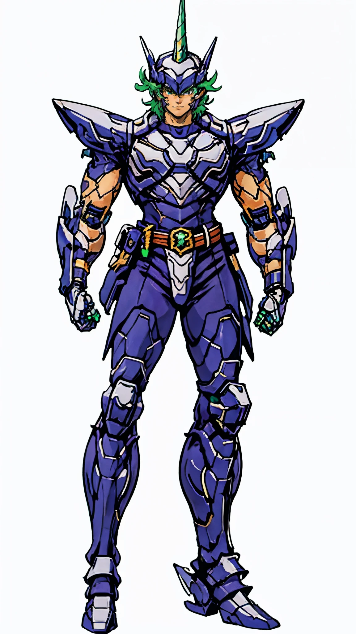 A man wearing a full-face helmet, a fantasy-style biotech armored combat suit, green eyes, (a composite layered chest armor), fully enclosed shoulder guards, matching arm and leg guards, the belt is adorned with Horseshoe-shaped marker, (the color scheme is primarily white with green accents), the design balances heavy with agility, a high-tech bio-mecha armor, (Armor Concept Inspired by Unicorn, stand on the top of a skyscraper in a futuristic sci-fi city), this character embodies a finely crafted fantasy-surreal style armored hero in anime style, exquisite and mature manga art style, (battle damage, element, plasma, energy, the armor glows), ((male:1.5)), metallic, real texture material, dramatic, high definition, best quality, highres, ultra-detailed, ultra-fine painting, extremely delicate, professional, perfect body proportions, golden ratio, anatomically correct, symmetrical face, extremely detailed eyes and face, high quality eyes, creativity, RAW photo, UHD, 32k, Natural light, cinematic lighting, masterpiece-anatomy-perfect, masterpiece:1.5