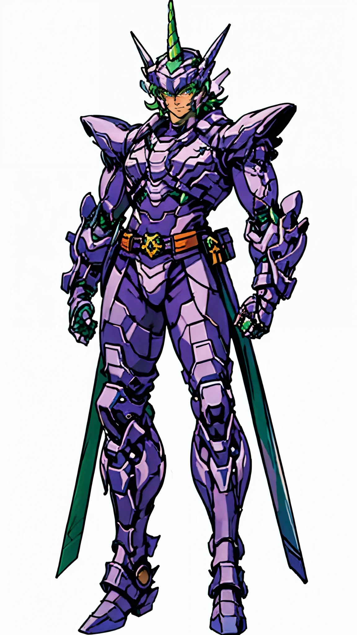A man wearing a full-face helmet, a fantasy-style biotech armored combat suit, green eyes, (a composite layered chest armor), fully enclosed shoulder guards, matching arm and leg guards, the belt is adorned with Horseshoe-shaped marker, (the color scheme is primarily white with green accents), the design balances heavy with agility, a high-tech bio-mecha armor, (Armor Concept Inspired by Unicorn, stand on the top of a skyscraper in a futuristic sci-fi city), this character embodies a finely crafted fantasy-surreal style armored hero in anime style, exquisite and mature manga art style, (battle damage, element, plasma, energy, the armor glows), ((male:1.5)), metallic, real texture material, dramatic, high definition, best quality, highres, ultra-detailed, ultra-fine painting, extremely delicate, professional, perfect body proportions, golden ratio, anatomically correct, symmetrical face, extremely detailed eyes and face, high quality eyes, creativity, RAW photo, UHD, 32k, Natural light, cinematic lighting, masterpiece-anatomy-perfect, masterpiece:1.5