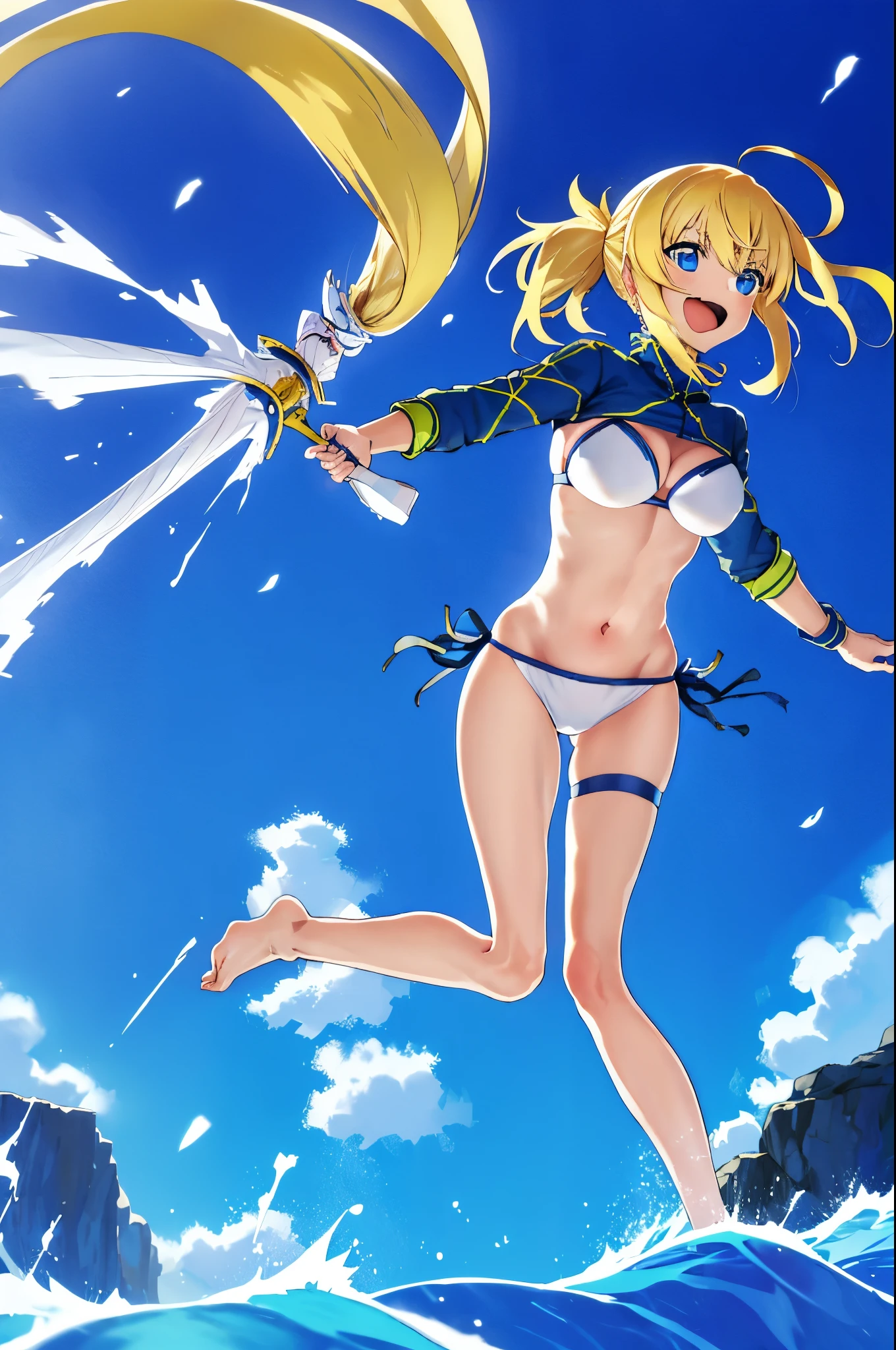 masterpiece,(ultra-detailed),1girl, mysterious heroine xx \(fate\), half_eyes,smile,open mouth, swimsuit, white bikini, side-tie bikini bottom, shrug \(clothing\), jacket, thigh strap, wristband, large_breasts, ocean, splashing,blonde_ponytail,open_legs,cap,happiness,jumping