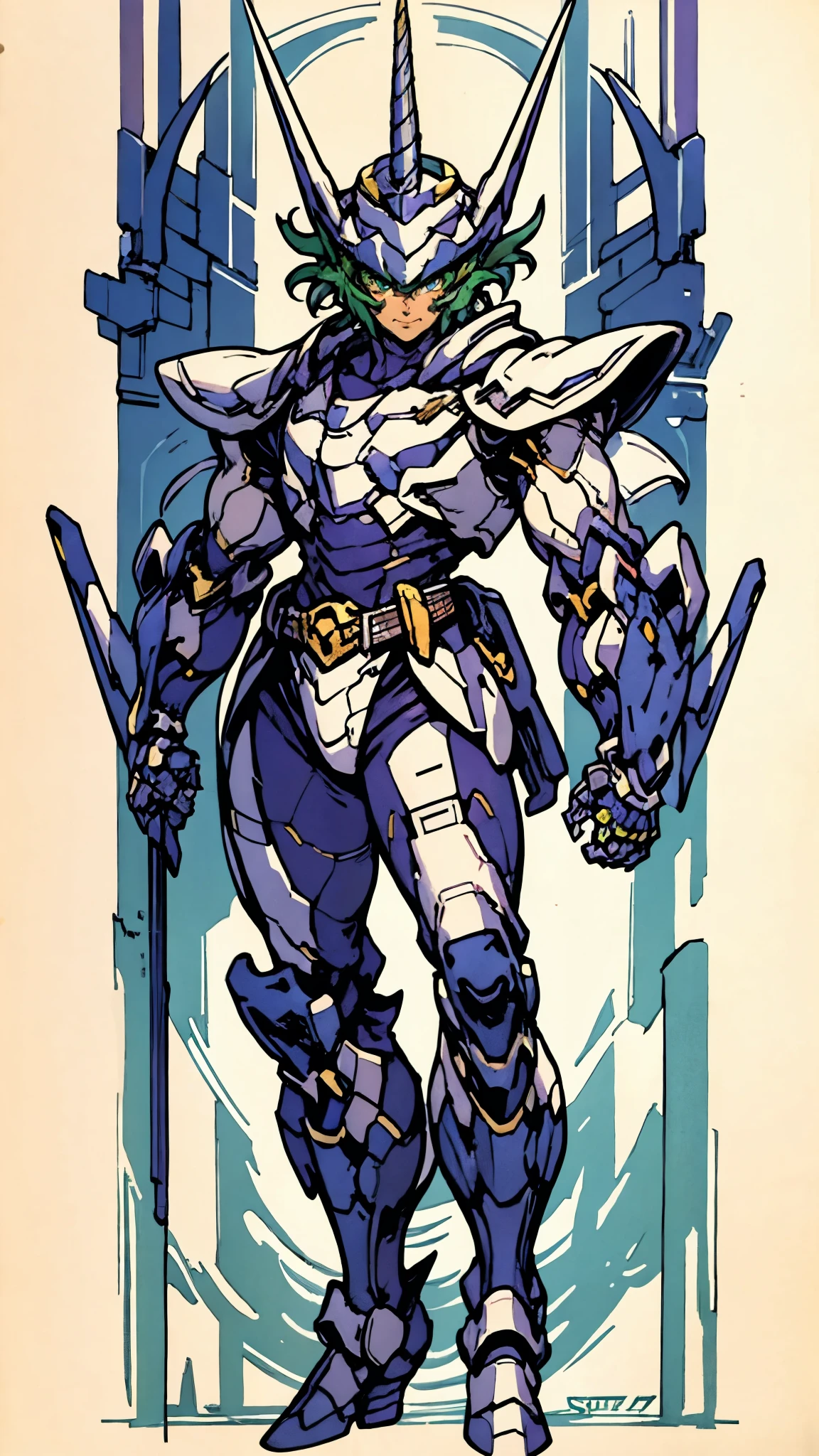 A man wearing a full-face helmet, a fantasy-style biotech armored combat suit, green eyes, (a composite layered chest armor), fully enclosed shoulder guards, matching arm and leg guards, the belt is adorned with Horseshoe-shaped marker, (the color scheme is primarily white with green accents), the design balances heavy with agility, a high-tech bio-mecha armor, (Armor Concept Inspired by Unicorn, stand on the top of a skyscraper in a futuristic sci-fi city), this character embodies a finely crafted fantasy-surreal style armored hero in anime style, exquisite and mature manga art style, (battle damage, element, plasma, energy, the armor glows), ((male:1.5)), metallic, real texture material, dramatic, high definition, best quality, highres, ultra-detailed, ultra-fine painting, extremely delicate, professional, perfect body proportions, golden ratio, anatomically correct, symmetrical face, extremely detailed eyes and face, high quality eyes, creativity, RAW photo, UHD, 32k, Natural light, cinematic lighting, masterpiece-anatomy-perfect, masterpiece:1.5