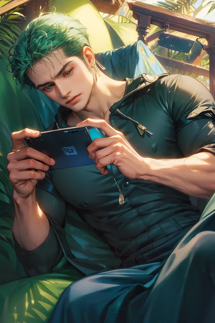 4k, high resolution, best quality, masterpiece, perfect color, perfect shade, perfect lighting, Posted by e621, ((portrait)), ((handsome man)), perfect male figure, Short hair details,chest muscles,abdominal muscles,Naked torso, Detailed face, perfect face, (stood up), Detailed background, ((Bonifasco Lighting)), (delicate eyes),(),green hair,