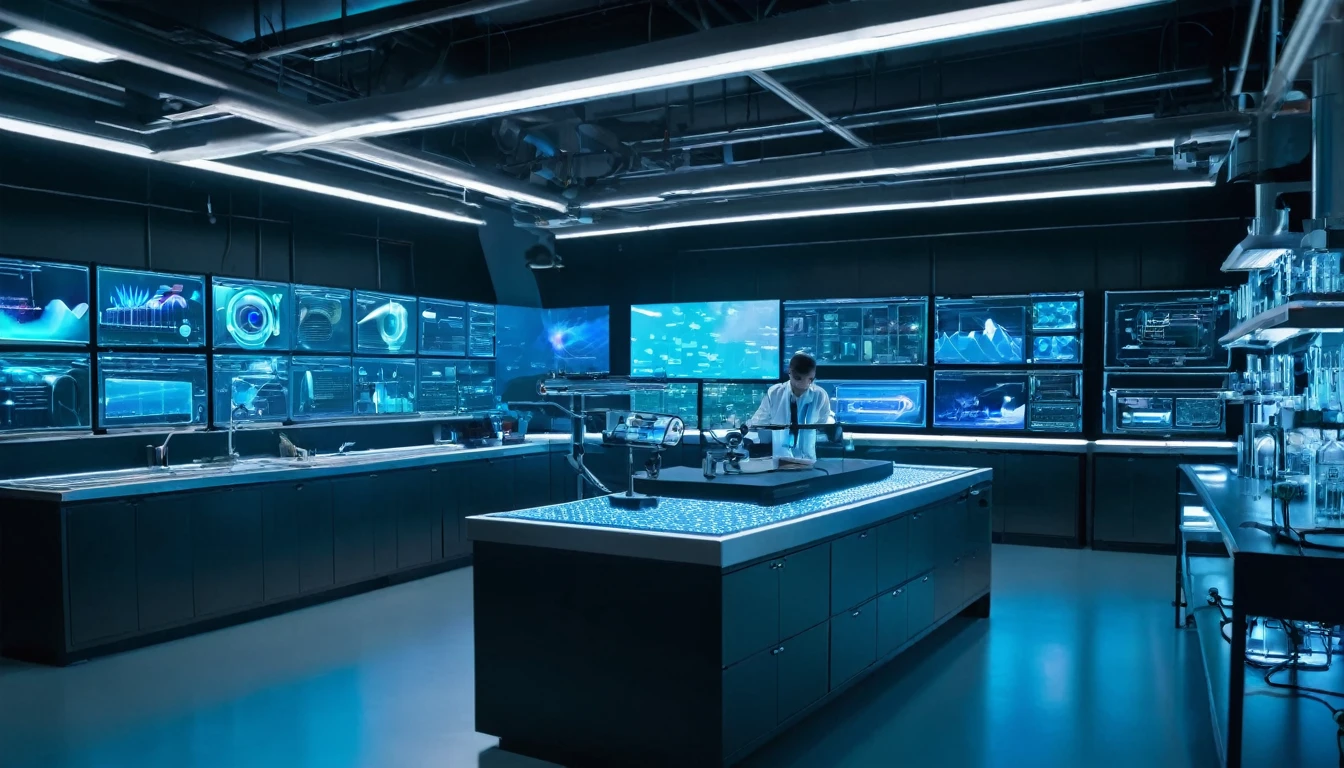 "High-tech laboratory with holographic displays"