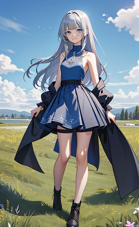 (masterpiece:1.4、top-quality、illustration)、(character focus、,full body:1.3)、(1girl),(forced smile:1.3),(Beautiful eyes:1.4),cute face,blue eyes、(tareme:1.3)、(),
),(contrapposto:1.4),、
(blue grey hair),(long hair:1.5)、
,(meadow:1.3),(sleeveless turtleneck dress:1.5),
(blunt bangs),(sidelocks:1.3), (small breasts)、
、slender、