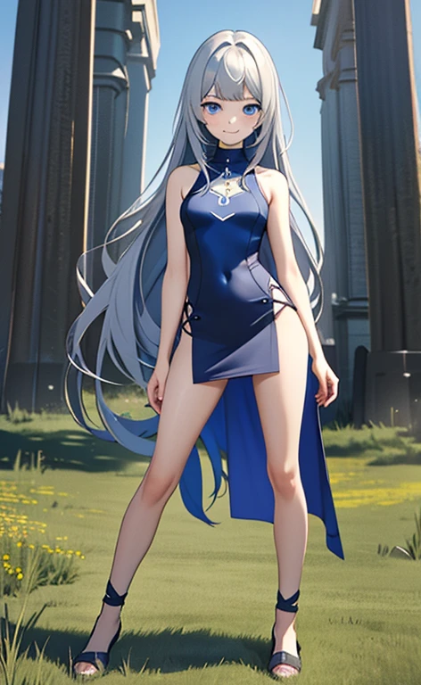 (masterpiece:1.4、top-quality、illustration)、(character focus、,full body:1.3)、(1girl),(forced smile:1.3),(Beautiful eyes:1.4),cute face,blue eyes、(tareme:1.3)、(),
),(contrapposto:1.4),、
(blue grey hair),(long hair:1.5)、
,(meadow:1.3),(sleeveless turtleneck dress:1.5),
(blunt bangs),(sidelocks:1.3), (small breasts)、
、slender、