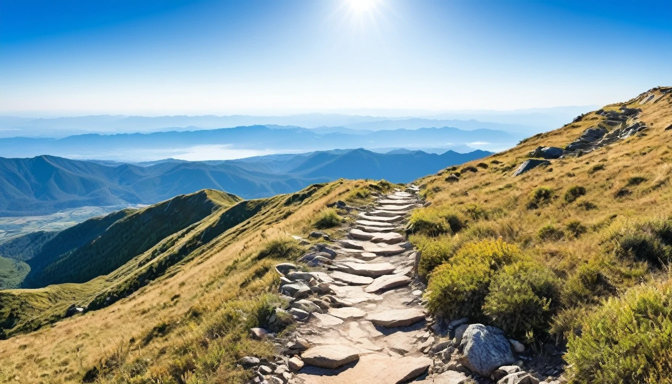 Mountain trail with panoramic views and a clear sky