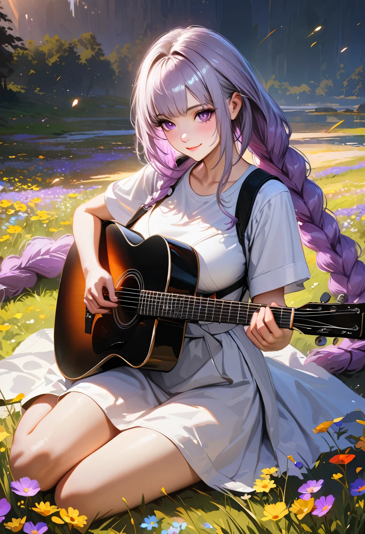 (best quality,4k,8k,highres,masterpiece:1.2),ultra-detailed,realistic:1.37, HDR,UHD,studio lighting,ultra-fine painting,sharp focus,physically-based rendering,extreme detail description,professional,vivid colors,bokeh,portraits

Evening sunset,A girl sitting on a vast field playing the guitar,yinji,White technology clothing,purple hair,purple eyes,very long hair,grey hair,double braid,large breasts,gradient hair, Smile, Beautiful Face,The golden sunlight softly illuminates her face, highlighting her delicate features. The field is filled with colorful wildflowers, swaying gently in the breeze:1.1 vibrant red poppies, elegant purple lavender, and delicate yellow daisies. The girl's fingers gracefully glide along the guitar strings, producing melodic tunes that harmonize with the peaceful ambiance of nature. Her music resonates with the beauty of the surrounding landscape, creating a serene and captivating atmosphere. The warm sunlight casts long shadows on the ground, adding depth and dimension to the scene. The overall composition exudes a sense of tranquility and artistic elegance, capturing the essence of a poetic moment in time.