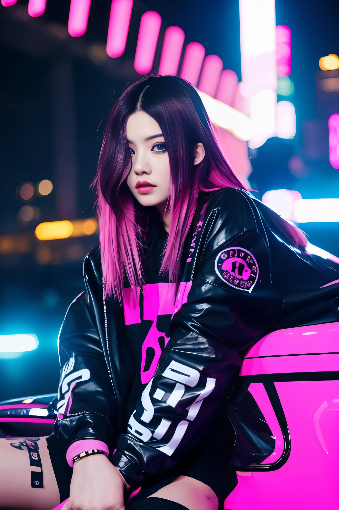 girl, Pink Long Hair, Cool black open short jacket, Tattoo, Messy Fade Cut Hair, crazy, Sitting pose, Futuristic neon night city background,put