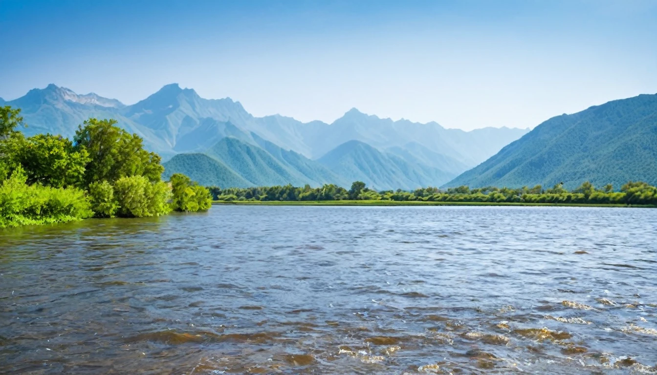 River or lake with mountains in the background