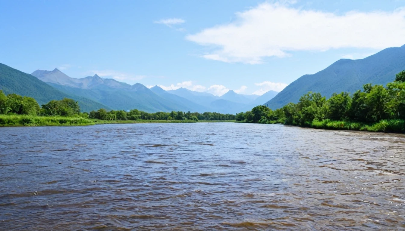 River or lake with mountains in the background