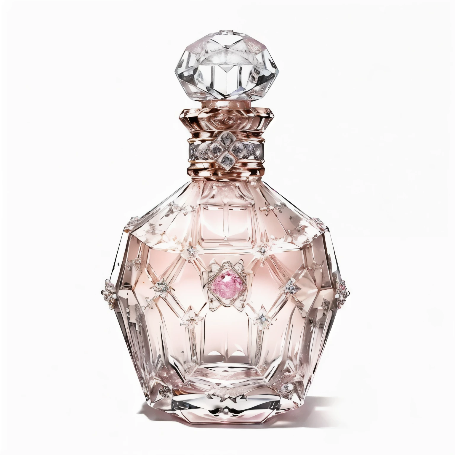 a drawing of a pink glass bottle with a diamond on top, perfume bottle, by Róbert Berény, antique perfume, perfume, exquisite rendering, beautiful intricate glass bottle, 1 8 th century perfume bottles, three - quarter view, victoriana, chaumet, boucheron, faberge, by Konrad Witz, tiffany, very fancy whiskey bottle