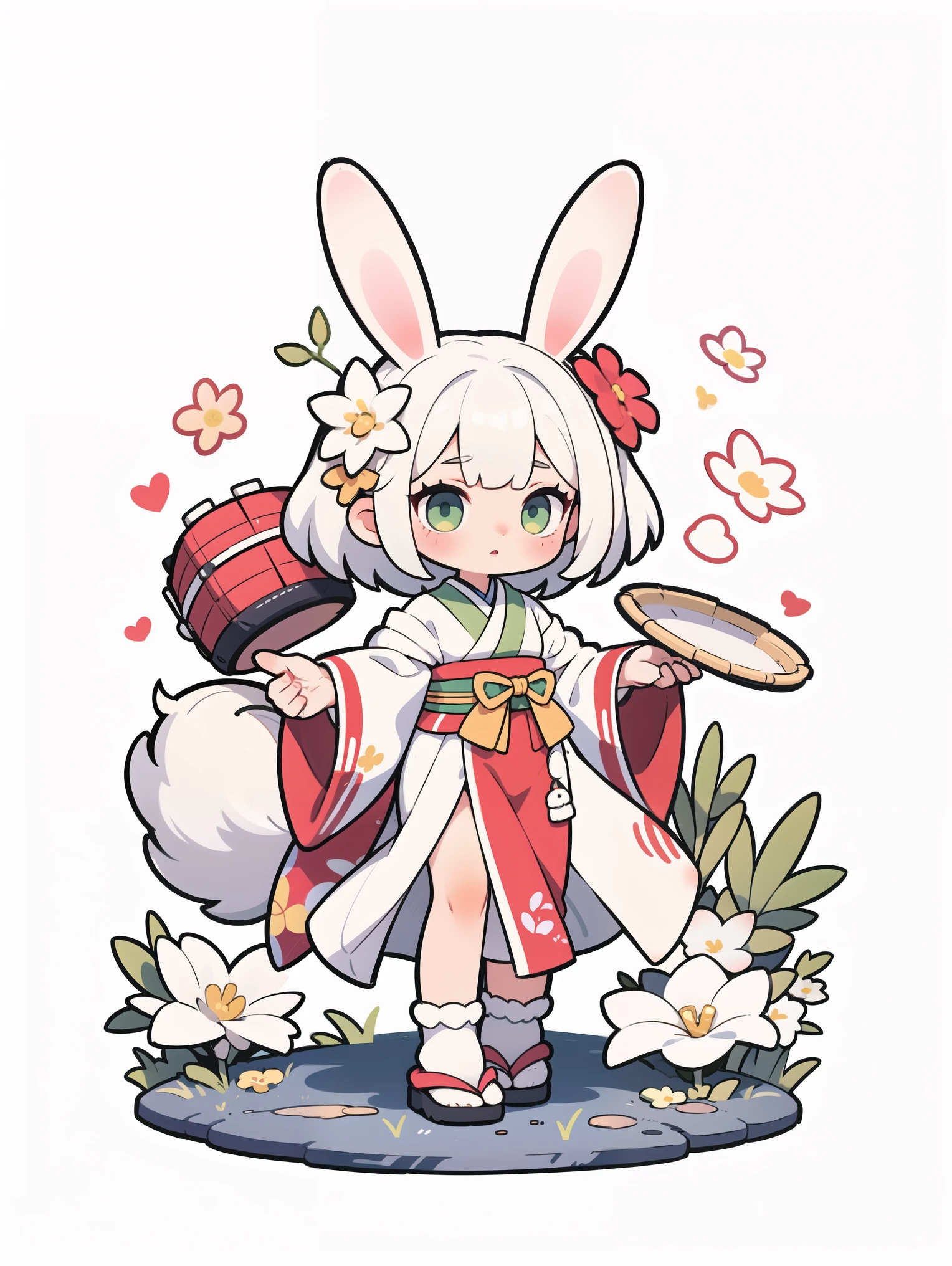 1girl, animal ears, drum, green eyes, white hair, rabbit ears, solo, transparent background, japanese clothes, hair ornament, tail, flower, hair flower, masterpiece,best quality,very aesthetic,absurdres,