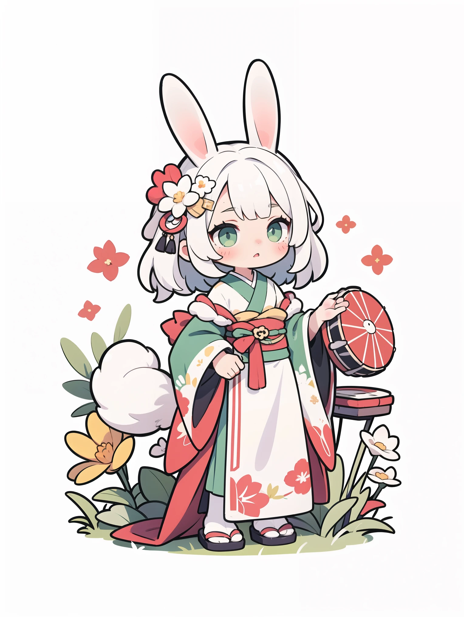1girl, animal ears, drum, green eyes, white hair, rabbit ears, solo, transparent background, japanese clothes, hair ornament, tail, flower, hair flower, masterpiece,best quality,very aesthetic,absurdres,