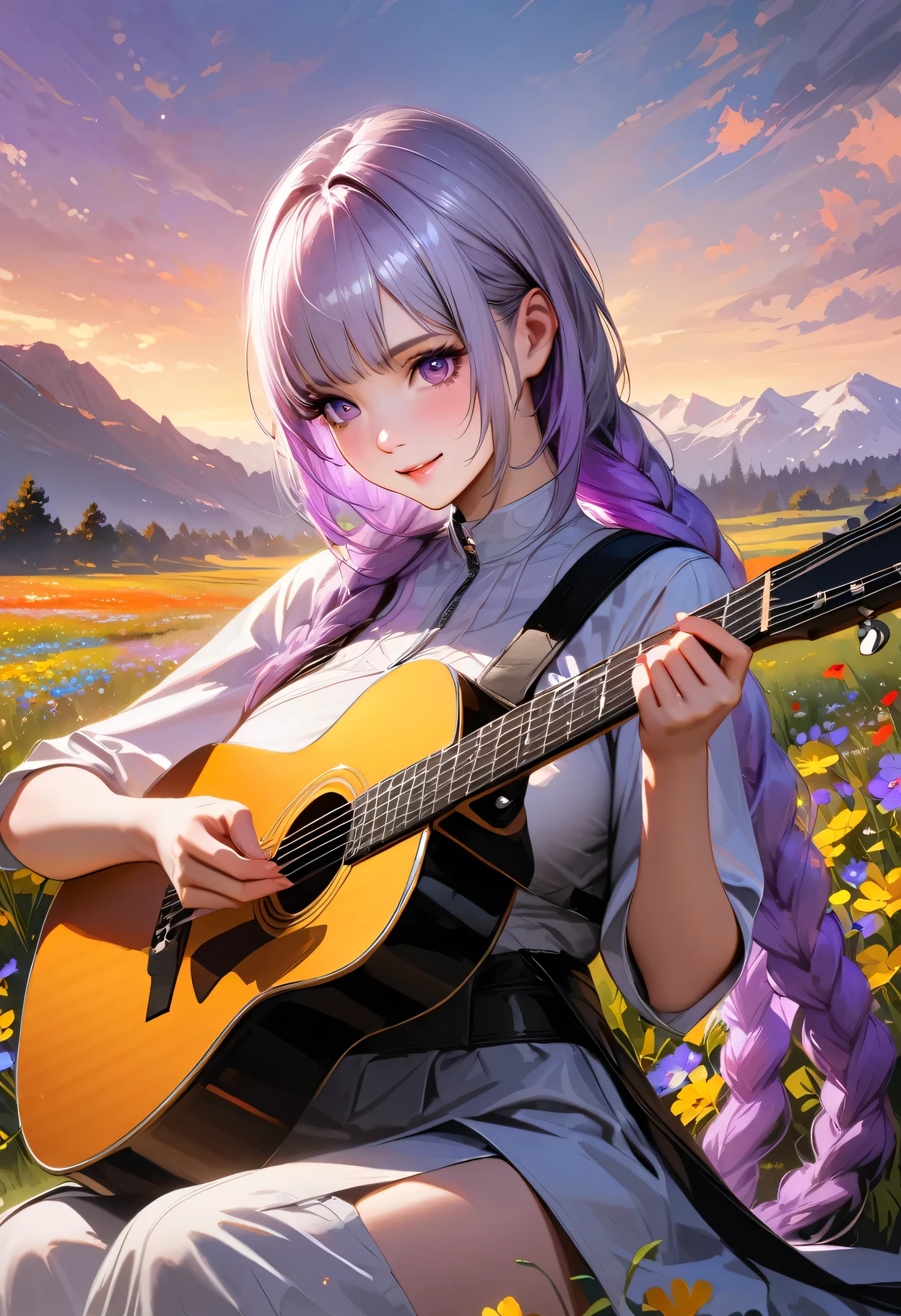 (best quality,4k,8k,highres,masterpiece:1.2),ultra-detailed,realistic:1.37, HDR,UHD,studio lighting,ultra-fine painting,sharp focus,physically-based rendering,extreme detail description,professional,vivid colors,bokeh,portraits

Evening sunset,A girl sitting on a vast field playing the guitar,yinji,White technology clothing,purple hair,purple eyes,very long hair,grey hair,double braid,large breasts,gradient hair, Smile, Beautiful Face,The golden sunlight softly illuminates her face, highlighting her delicate features. The field is filled with colorful wildflowers, swaying gently in the breeze:1.1 vibrant red poppies, elegant purple lavender, and delicate yellow daisies. The girl's fingers gracefully glide along the guitar strings, producing melodic tunes that harmonize with the peaceful ambiance of nature. Her music resonates with the beauty of the surrounding landscape, creating a serene and captivating atmosphere. The warm sunlight casts long shadows on the ground, adding depth and dimension to the scene. The overall composition exudes a sense of tranquility and artistic elegance, capturing the essence of a poetic moment in time.