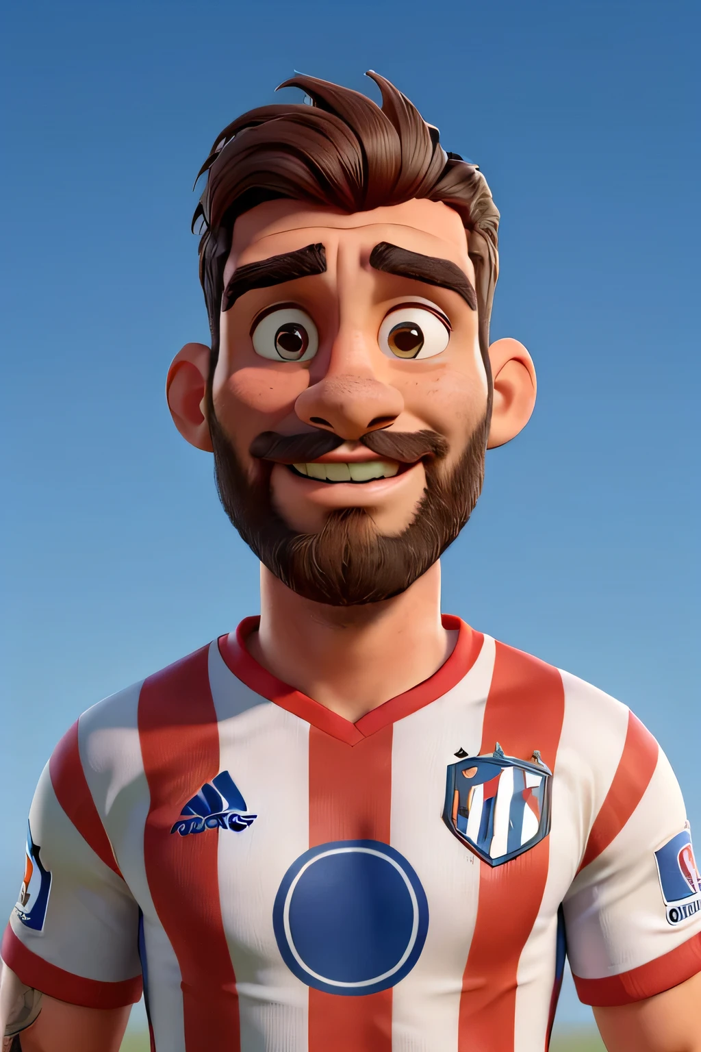 Jogador de futebol, frente do jogdaor, camisa de time do atletico de madrid com cabelos cinzas, barbas e bigodes volumosos