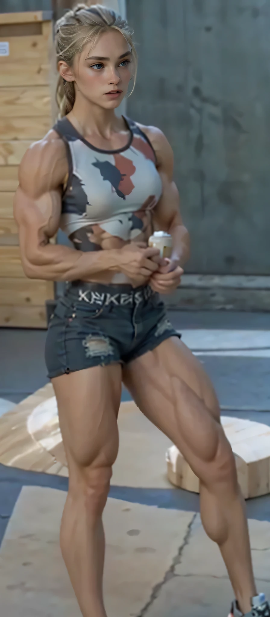 (Muscular:2.8), (thick thighs:2.5),
(female, green eyes, pale skin, jet black hair:1.5), adult, (bob cut:1.4),
(big smile:1.9), detailed eyes, clean skin, low key (DETAILED SKIN),
(small breasts:1.5), (hard nipples),
(earrings, eyeshadow, lipstick), (glasses),
(tshirt, skirt, midriff, choker, bare legs, sneakers:2.1),
(full body view), (three quarter view:1.3), (looking at viewer), (standing),
dark bedroom, rim lighting, two tone lighting, dimly lit, bokeh