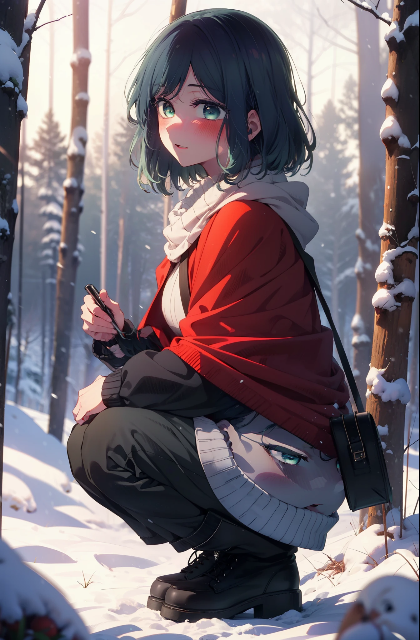 akanekurokawa, akane kurokawa, bangs, (Green Eyes:1.3), Blue Hair, Medium Hair, dark Blue Hair,smile,blush,White Breath,
Open your mouth,snow,Ground bonfire, Outdoor, boots, snowing, From the side, wood, suitcase, Cape, Blurred, , forest, White handbag, nature,  Squat, Mouth closed, Cape, winter, Written boundary depth, Black shoes, red Cape break looking at viewer, Upper Body, whole body, break Outdoor, forest, nature, break (masterpiece:1.2), highest quality, High resolution, unity 8k wallpaper, (shape:0.8), (Beautiful and beautiful eyes:1.6), Highly detailed face, Perfect lighting, Extremely detailed CG, (Perfect hands, Perfect Anatomy),