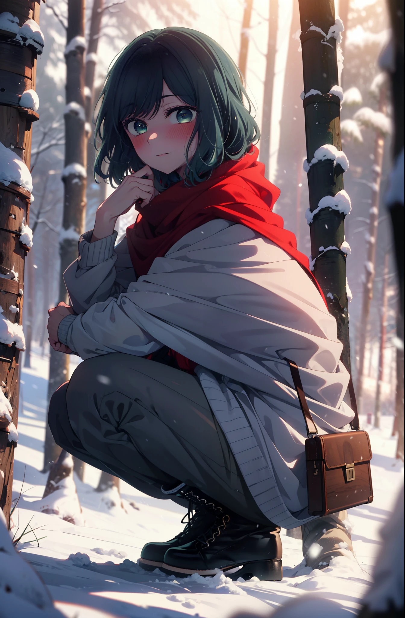 akanekurokawa, akane kurokawa, bangs, (Green Eyes:1.3), Blue Hair, Medium Hair, dark Blue Hair,smile,blush,White Breath,
Open your mouth,snow,Ground bonfire, Outdoor, boots, snowing, From the side, wood, suitcase, Cape, Blurred, , forest, White handbag, nature, Squat, Mouth closed, Cape, winter, Written boundary depth, Black shoes, red Cape break looking at viewer, Upper Body, whole body, break Outdoor, forest, nature, break (masterpiece:1.2), highest quality, High resolution, unity 8k wallpaper, (shape:0.8), (Beautiful and beautiful eyes:1.6), Highly detailed face, Perfect lighting, Extremely detailed CG, (Perfect hands, Perfect Anatomy),