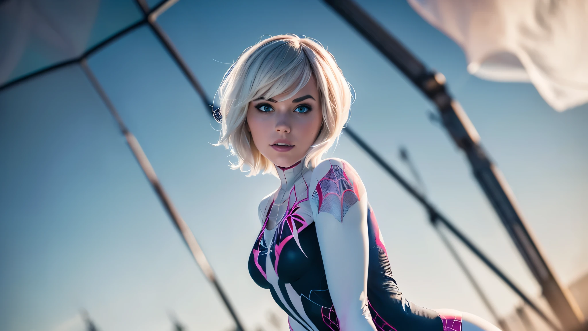 (((1 girl))), ((Spider-Gwen)), ((Spider-Gwen Outfit)), ((Spider-Gwen Haircut)), Textur, filmgrain, Hautporen, dusty atmospheric haze, Vignettierung, Falten, komplizierte Details:0.2 Intricate dramatic cinematic movie stills of a beautiful, elegant, Augenkontakt, (herablassendes, wirkliches Leben, HDR (Hoher dynamischer Bereich), Raytracing, NVIDIA RTX, super resolution, Unreal 5, selbstbewusstes Grinsen)1.2, (niedriger Winkel)1.2, Bokeh im Vordergrund, hasselblad RAW dramatisches Foto, (blue eyes)