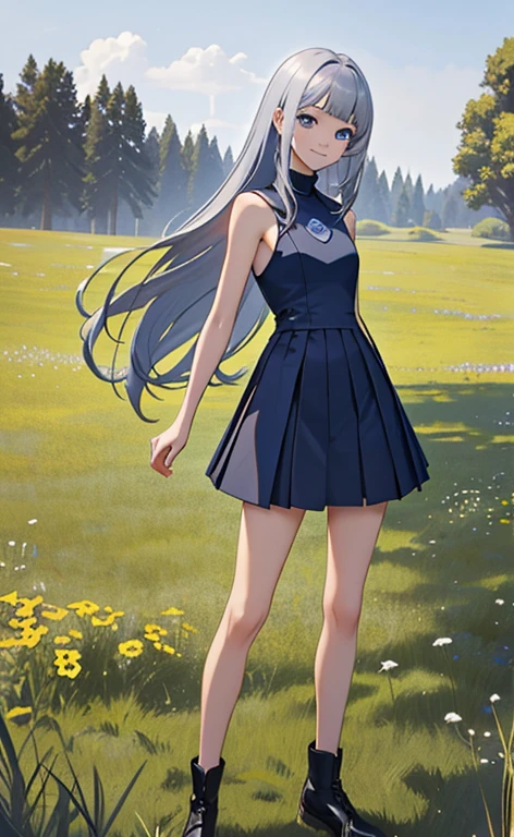 (masterpiece:1.4、top-quality、illustration)、(character focus、,full body:1.3)、(1girl),(forced smile:1.3),(Beautiful eyes:1.4),cute face,blue eyes、(tareme:1.3)、(),
),(contrapposto:1.4),、(spread arms:1.4)
(blue grey hair),(long hair:1.5)、
,(meadow:1.3),(sleeveless turtleneck dress:1.5),
(blunt bangs),(sidelocks:1.3), (small breasts)、
、slender、