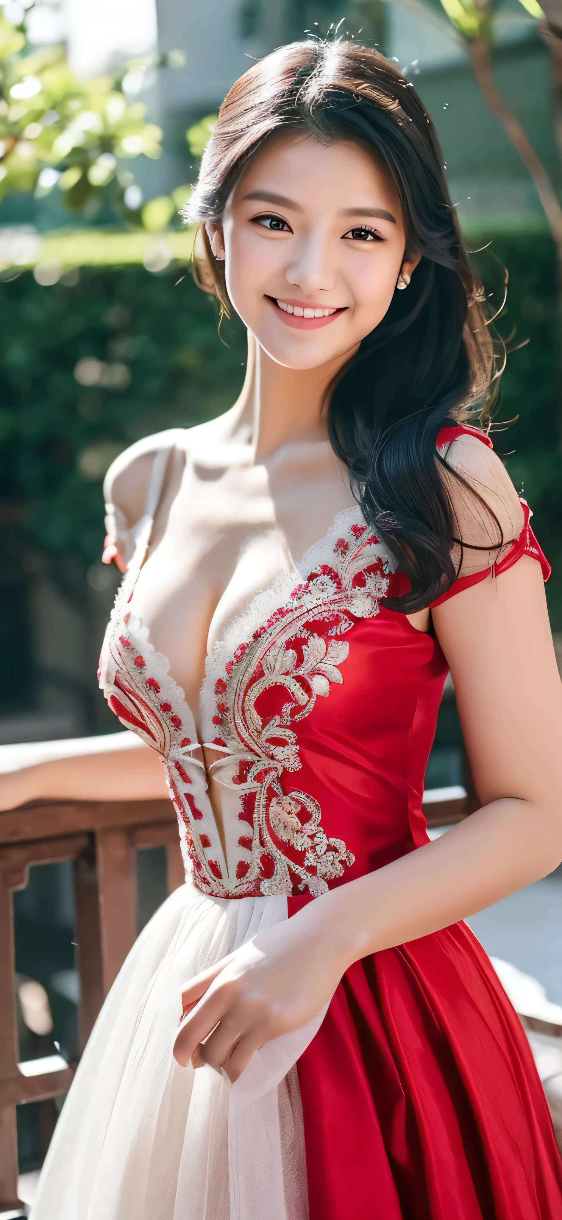 1girl,baiyi,large breast,Blue lips,smile,ponytail,realistic, 1 girl, indonesian girl, 23 years old, (black hair super-long 1 meters), (very beautiful face, very sweet, sharp eyes like an angel from heaven ), (beautiful hair), actress, smile, shiny skin, best quality, masterpiece, (photorealistic:1.4), terrace seating, asian, indonesian, jakarta, denim long skirt (realistic fabric), white short sleeves (cotton fabric), (no logo), thin fingers, a woman in a red dress posing for a picture in a courtyard, a picture by Emma Andijewska, tumblr, tachisme, sexy gown, opened dress, wearing an elegant dress, fantasy long intricate gown, sexy dress, dressed beautiful gown, red gown, wearing a magnificent dress, dressed in red lace, translucent dress, extravagant dress, see through dress