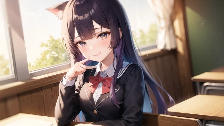 Smirks, School girl, cat girl, long hair, purple hair, anime style