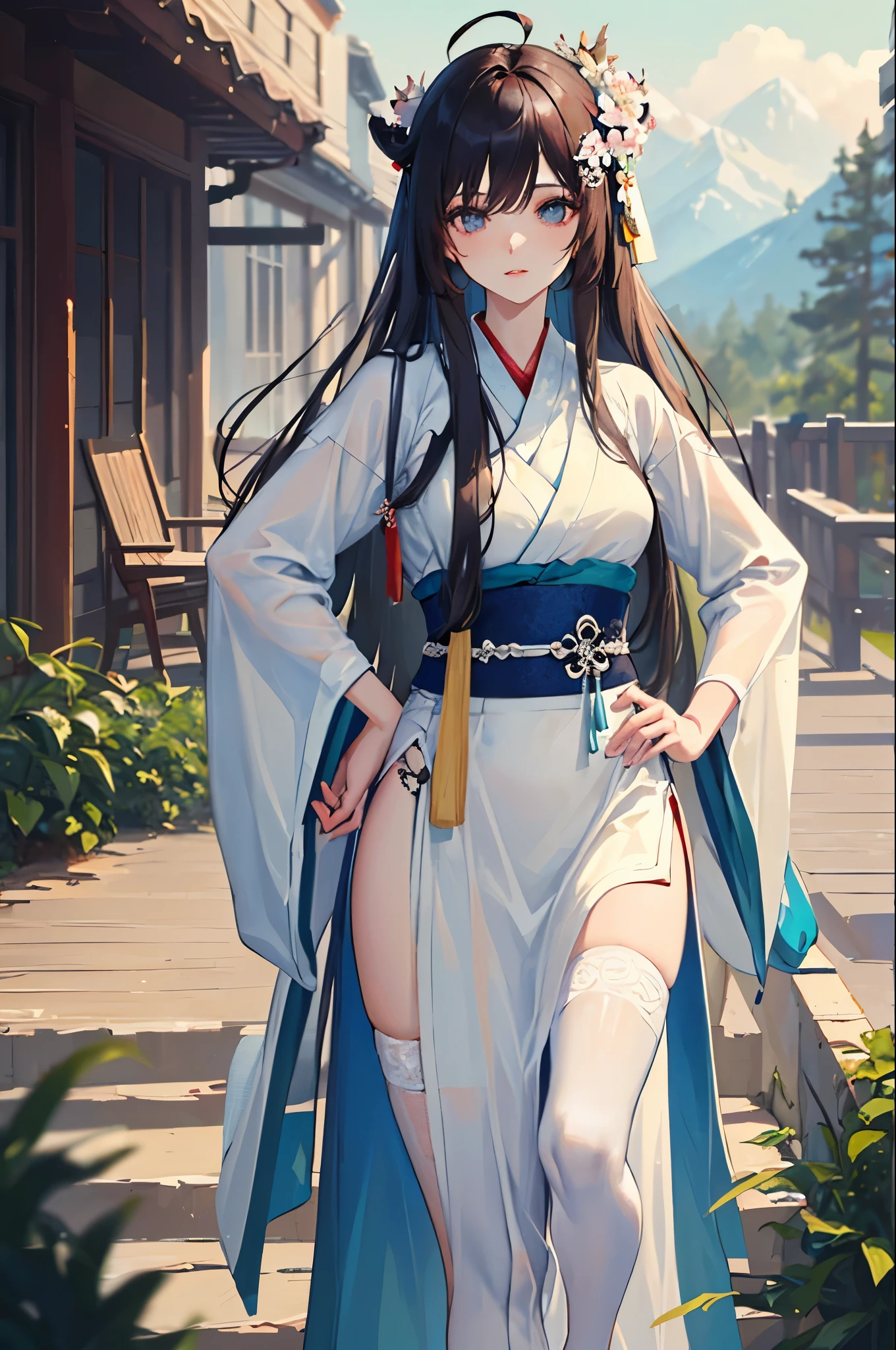 (masterpiece:1.5),(best quality:1.5),(ultra-detailed:1.5),illustration,cowboy shot,1girl,solo,(buildings),perfect face,lustrous skin,long hair,beautiful detailed eyes,beautiful flowing hair,(ru_qun:1.5),(hanfu:1.5),chinese clothes, white dress,white thighhighs, (bloom),lighting, ray tracing,outdoors, mountains, nature,hair ornament, hair ribbon,hand on hip,looking at viewer,ahoge,large breasts, (deep depth of field:1.5),hair ornament, forest,barefoot sandals