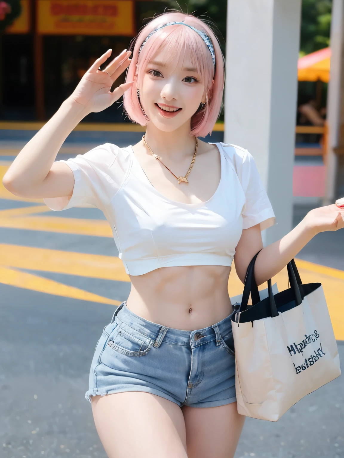 ((highest quality)), ((masterpiece)), (detailed), Tabletop:1.0), (highest quality:1.4), (High resolution:1.2), Realistic:1.4,8k, RAW Photos:1.2,Sharp focus:1.2,One baby-faced very skinny and small bust Japanese woman, Beautiful symmetrical single 垂れ目 eyelids:1.1,A 19-year-old, simple and beautiful idol with beautiful teeth,Thin and slightly fine eyebrows of the same color as the hair, (Pink bob hair with white botanical hairband:1.3),(Beautiful white detailed skin:1.2),(Beautiful teeth and a cute smile with a big mouth:1.2),((A bright theme park with many visitors 1.2)),((Dynamic cowboy shot with salute from the front:1.2)),(((ultra Tight fitting short sleeve very mini and very short u-neck t-shirt with big logo clinging to very small breasts:1.2))),(((Super tight and super short low-leg Blue denim thron:1.2))),((Shiny and beautiful bare legs:1.2)),((Very small breasts:1.4)), ((A slender, well-trained body with very small bust:1.5)),(Short torso:1.2),(Broad shoulders:1.2),(Narrow waist:1.4),(Small Ass:1.2),((The hip bones are visible:1.4)),(((very Fine abdominal muscles:1.8))),(Muscular and very thin limbs:1.3),(quite thin thighs:1.5),(Wear a watch,Wear a gold necklace and earrings,Put some rings on your fingers,Carry one tote bag:1.4),(((Quite small breasts:1.7))),I can see your abs:1.2