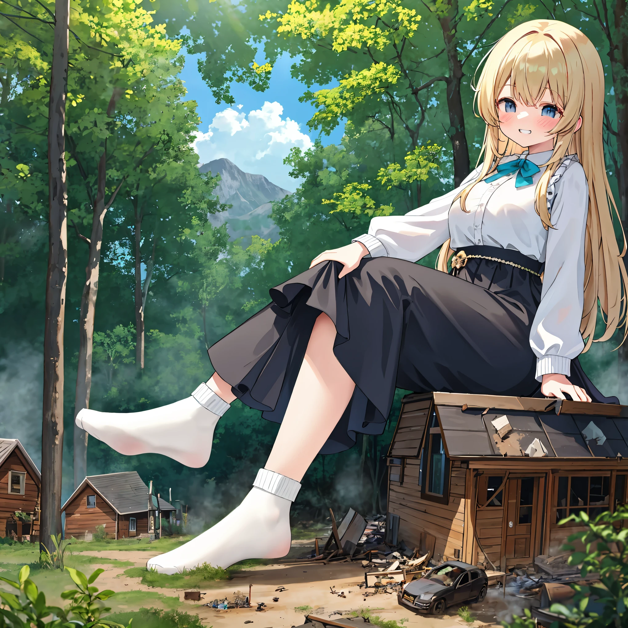 ,cloud, at a forest,mountain ranges,koyama, tmasterpiece, Best quality, The content is very detailed,tmasterpiece,Best quality,offcial art,extremely detaild的 CG unified 8k wallpapers,{{{A giantess}}},Huge girl,100 meters tall girl,1个Giant Breast Girl,Dirty socks,Miniature village,without wearing shoes,{The wooden house destroyed at her feet},The destroyed wooden house,Footprints on the ground,Grinning,Sitting in the forest ,Steam coming out of feet,