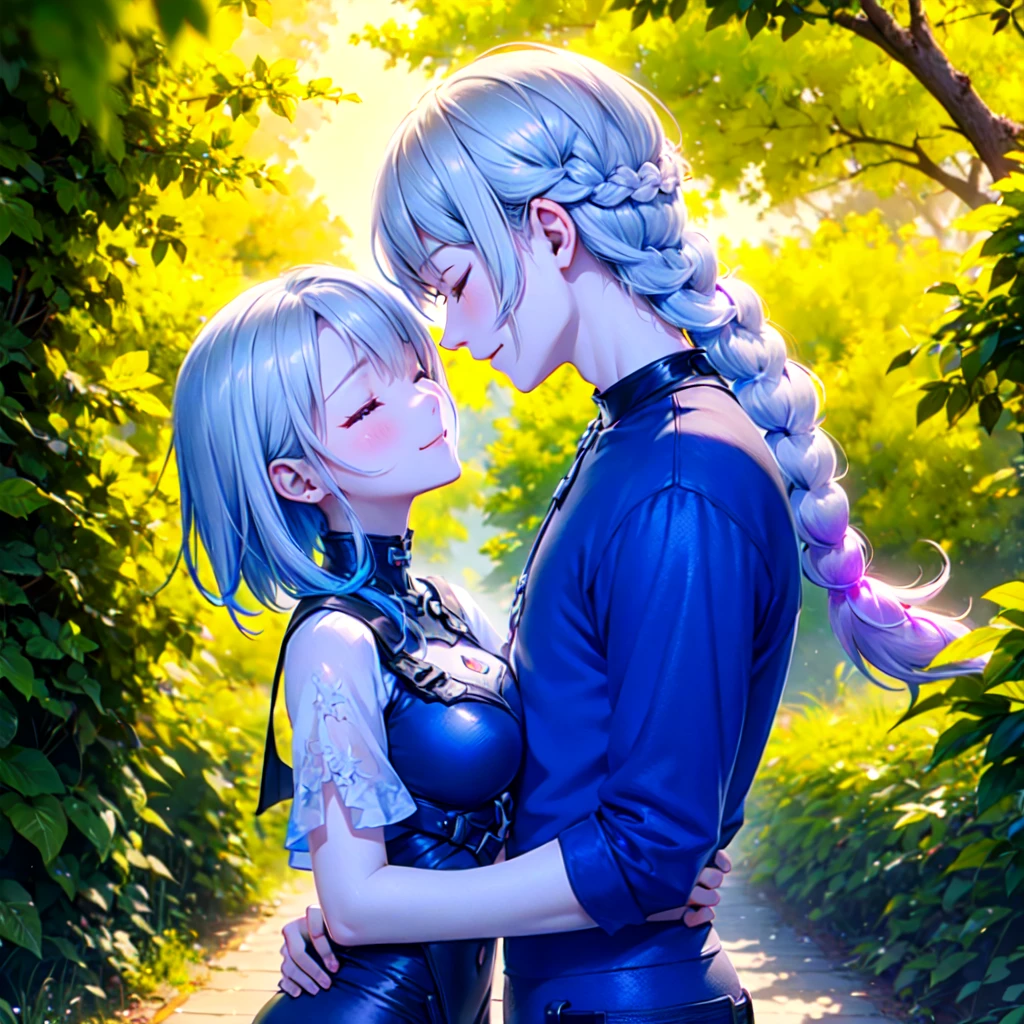 Disorganized、Man and woman couple、highest quality、Masterpiece、Official Art、16K、The best composition、The best light source、The girl has milky white hair with purple inner color, twin long braids, and black clothes in a cyberpunk style.、The man has milky white short hair and a cyberpunk look in white and light blue.、Gazing at each other、A kind smile、They are touching foreheads, closing their eyes and smiling happily.、The glitter of sunlight filtering through the trees、