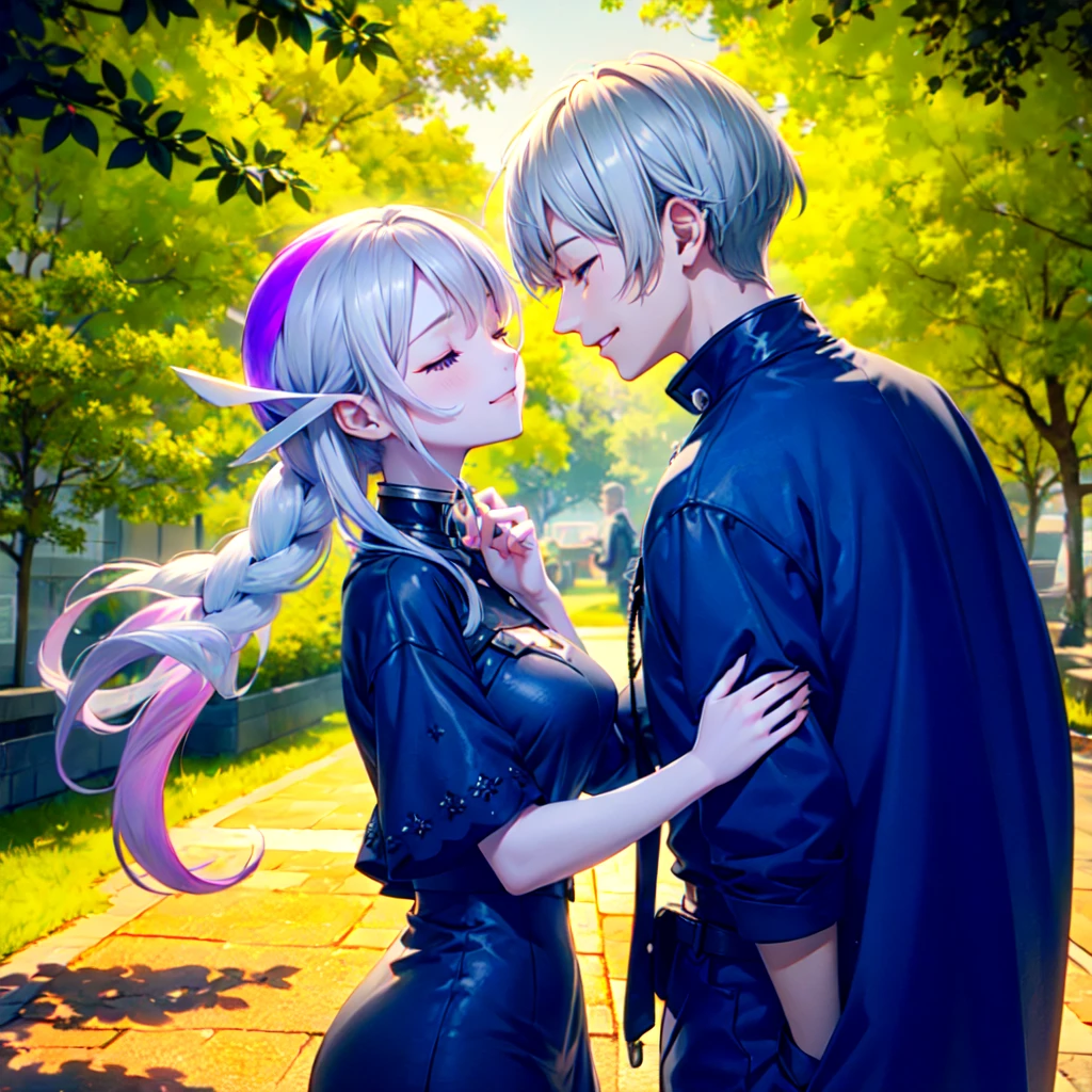 Disorganized、Man and woman couple、highest quality、Masterpiece、Official Art、16K、The best composition、The best light source、The girl has milky white hair with purple inner color, twin long braids, and black clothes in a cyberpunk style.、The man has milky white short hair and a cyberpunk look in white and light blue.、Gazing at each other、A kind smile、They are touching foreheads, closing their eyes and smiling happily.、The glitter of sunlight filtering through the trees、