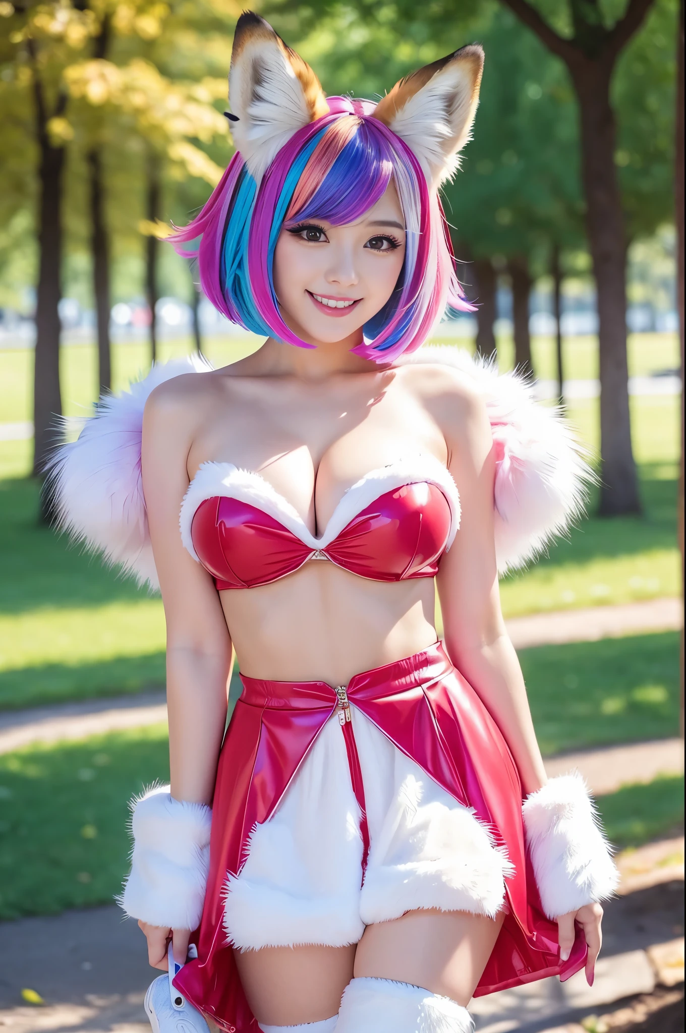 ultra sexy female, (-anime), only 1 female, very short hair, beautiful smile, lipgloss, long lashes, defined eyebrows, detailed fox anime cosplay, fluffy fur vivid colors outfit, cosplay accessoires, fox ears, vivid colors, look at the camera, cinematic light, large park background with trees, sweet and sexy pose