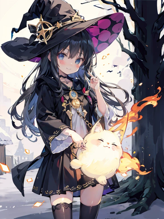 cute,smile,Witch's Clothes,Flying in the sky on a ride of abandon,Witch Hat,Black Hair,Red eyes