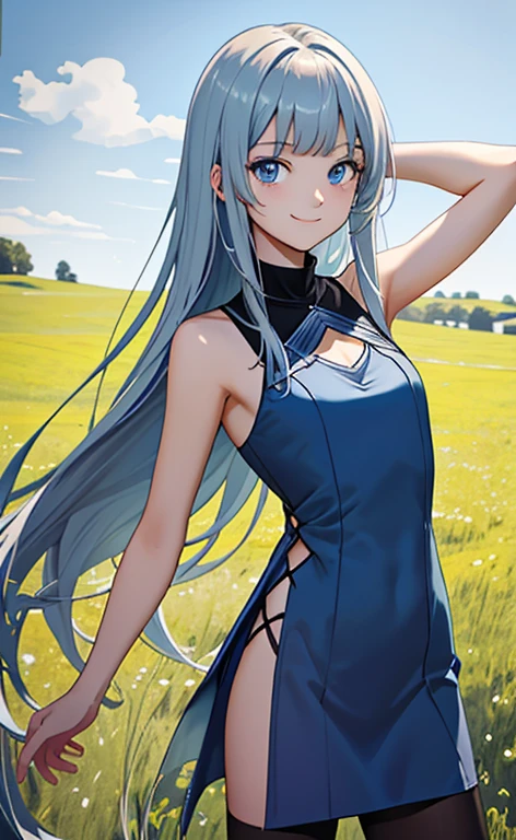 (masterpiece:1.4、top-quality、illustration)、(character focus、,cowboy shot:1.3)、(1girl),(forced smile:1.3),(Beautiful eyes:1.4),cute face,blue eyes、(tareme:1.3)、(),
),(contrapposto:1.4),、(spread arms:1.4)
(blue grey hair),(long hair:1.5)、
,(meadow:1.3),（sleeveless turtleneck dress:1.5),
(blunt bangs),(sidelocks:1.3), (small breasts)、
、slender、