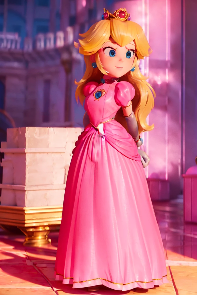 (Inside a doungeon),  A  Princess Peach wearing a beautiful hot long pink dress, she is over 6 feet tall and wears a golden crown atop her blond hair and white gloves , ((full model view, full body view)), (shibari, bondage, arms behind back:1.4), standing, shibari, , (tight face mask)