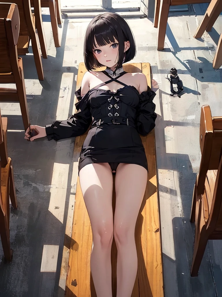 masterpiece, best quality, 1 girl, solo, , small breasts, Perfect Face, beautiful, extra short hair, bob cut, undertaker, half undress, church, nsfw, lie on own back, overhead shot,