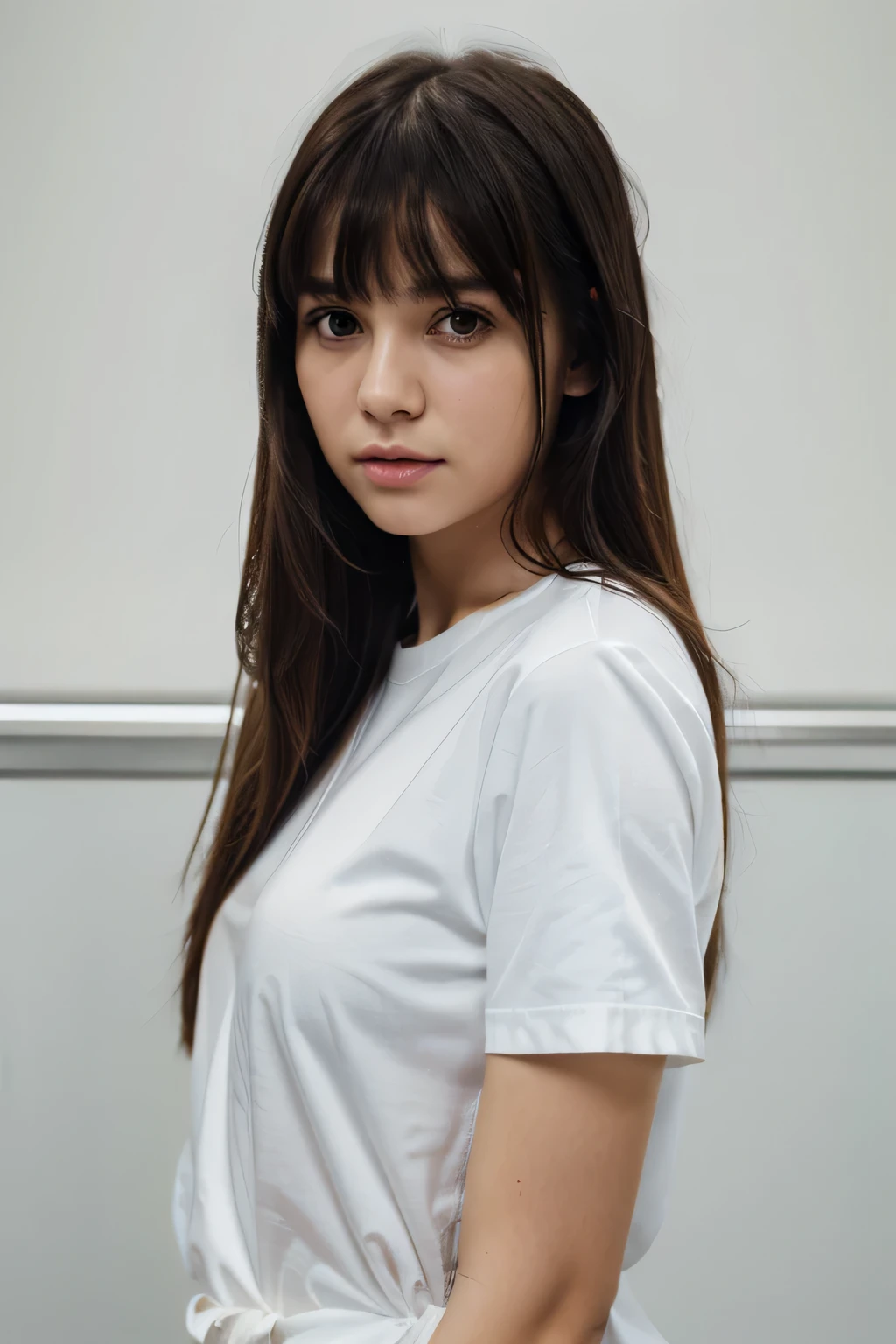 4k quality,realism,young girl, perfect face,pointed nose, long hair with bangs, black hair, sexy white shirt ,portrait