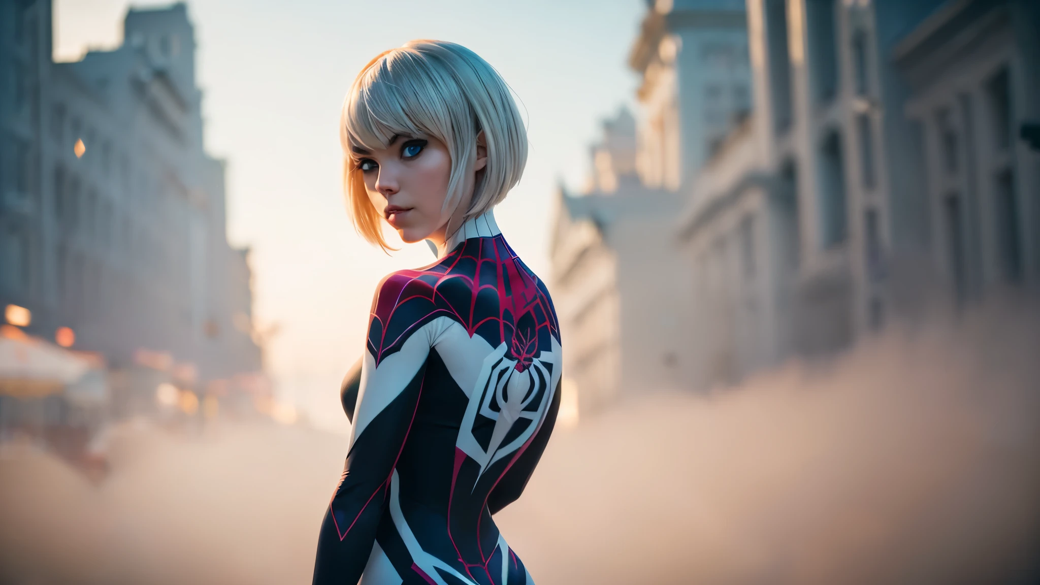 (((1 girl))), ((Spider-Gwen)), ((Spider-Gwen Outfit)), ((Spider-Gwen Haircut)), Textur, filmgrain, Hautporen, dusty atmospheric haze, Vignettierung, Falten, komplizierte Details:0.2 Intricate dramatic cinematic movie stills of a beautiful, elegant, Augenkontakt, (herablassendes, wirkliches Leben, HDR (Hoher dynamischer Bereich), Raytracing, NVIDIA RTX, super resolution, Unreal 5, selbstbewusstes Grinsen)1.2, (niedriger Winkel)1.2, Bokeh im Vordergrund, hasselblad RAW dramatisches Foto, (blue eyes)