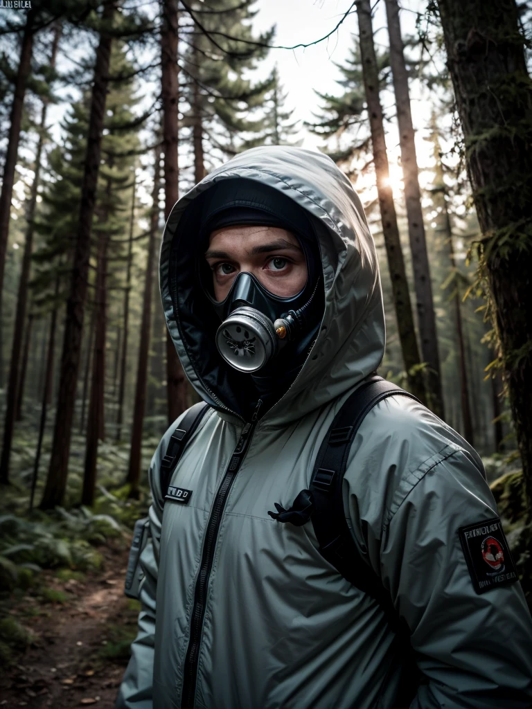 raw photo, stalker style, exclusion zone, man in a chemical protection suit, military, hood, gas mask, in a radiation zone, in a radioactive forest, dead forest, looking at the camera, gloomy lighting, dark colors,