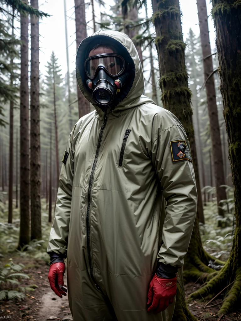 raw photo, stalker style, exclusion zone, man in a chemical protection suit, military, hood, gas mask, in a radiation zone, in a radioactive forest, dead forest, looking at the camera, gloomy lighting, dark colors,