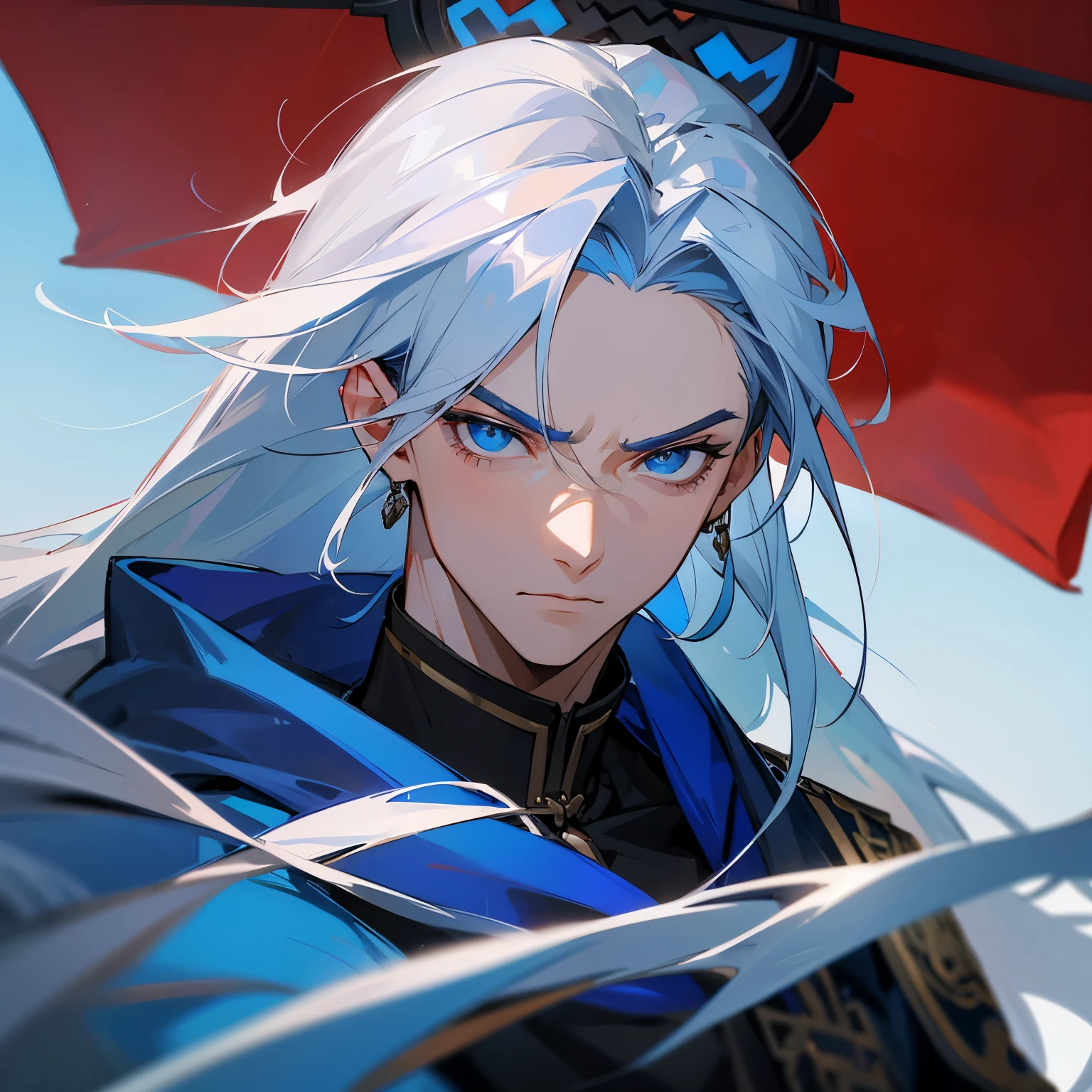 A young 25 year old masculine male character with long white hair, blue silver eyes, wearing a silver and blue Chinese fantasy traditional gear, handsome, bad boy, and serious look, he's powerful, dark theme, detailed background of the bright blue sky, skies and clouds in background, dark blue colors, very close up picture with face, detailed, 4k, only face in the picture, close up shot of face